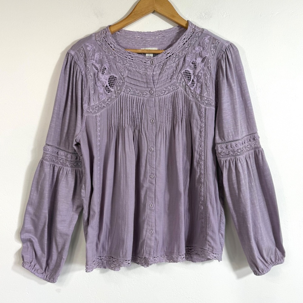 Sundance Lace Embroidered Blouse Top Purple Pintuck Boho Romantic Peasant Top L